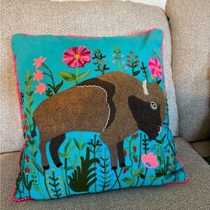 Colorful Bison Embroidered Pillow